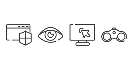 Poster - cursors and pointers outline icons set. thin line icons sheet included window with security badge, eye close up, computer screen with arrow, binoculars tool vector.