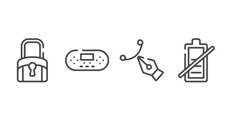Poster - material devices outline icons set. thin line icons sheet included black locked, portable console, pencil tool, battery uncharged vector.