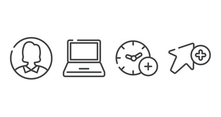 Poster - cursors and pointers outline icons set. thin line icons sheet included user inside circle, black laptop, add time, add vector.