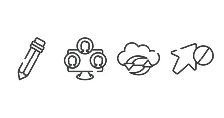 Poster - cursors and pointers outline icons set. thin line icons sheet included pencil cursor, three users, clouds data synchronization, forbidden vector.