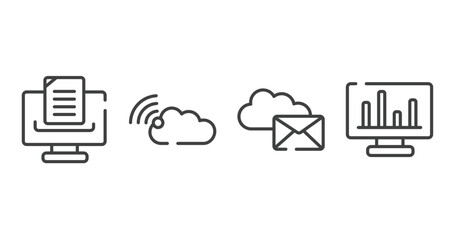 Canvas Print - computer and media outline icons set. thin line icons sheet included document with lines, connected clouds by internet, internet mail, laptop with statistical chart vector.