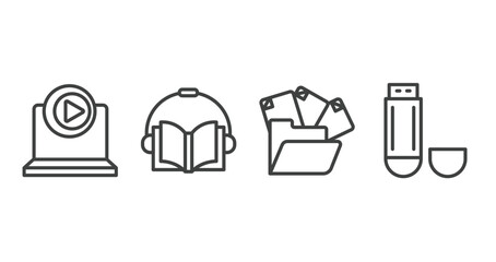 Poster - technology outline icons set. thin line icons sheet included multimedia player, audiobook, unstructured data, usb flash drive vector.
