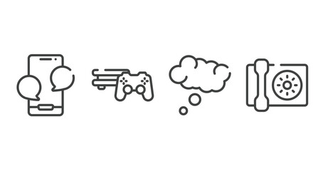 Poster - history of phones outline icons set. thin line icons sheet included phone with message, video game console ps4, thinking bubble, wall phone vector.