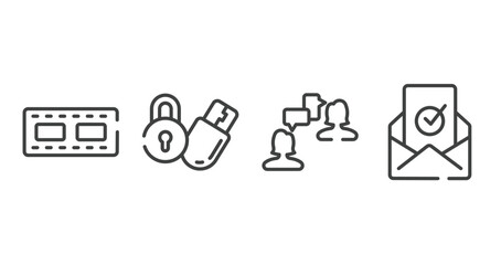 Poster - email outline icons set. thin line icons sheet included reel, locking, job interview, verified vector.