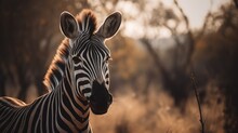  A Close Up Of A Zebra In A Field Of Grass And Trees With Trees In The Back Ground And One Zebra Looking At The Camera.  Generative Ai