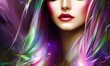 Futurystyczny obraz kobiety z kolorowymi włosami. Wygenerowano z AI.