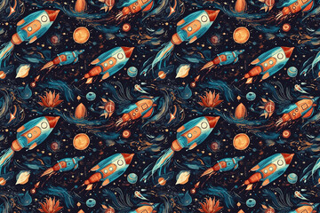 Wall Mural - seamless background pattern with space, stars, planets, rockets. generative ai illustration