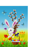 Fototapeta  - easter composition with hare, chicken and basket with easter eggs