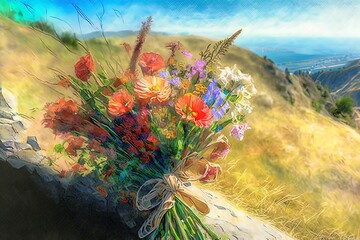 Wall Mural - Bouquet of Natural Beauty Nestled a Breezy Hillside Generative AI