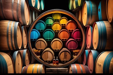 Wall Mural - Capturing Colorful Hues Hearty Aromas in the Humid Core of a Barrel Room Generative AI