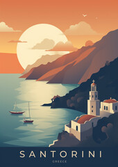 Travel poster of Santorini, Greece. Generative AI