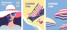 Summer Time. Concept Of Summer Party And Travel. Perfect Background On The Theme Of Season Vacation, Weekend, Beach. Vector Illustration In Minimalistic Style For Posters, Cover Art, Flyer, Banner.