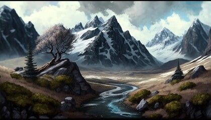 Mountain realistic style. Digital illustration. Artwork, stage design in cartoon style. Natural landscapes. A scene from a video game. Serious digital painting. Generative AI