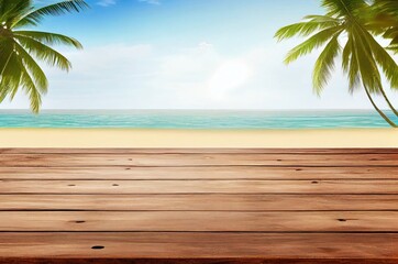 Wall Mural - Wooden Plank With Beach Vacation Destination Backdrop And Copyspace Generative AI