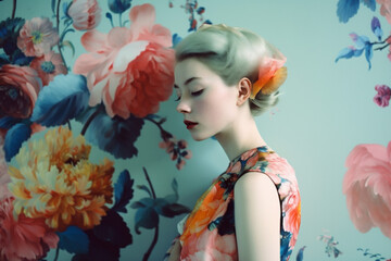 Wall Mural - portrait woman summer art spring flower bouquet glamour peony beauty fashion. Generative AI.