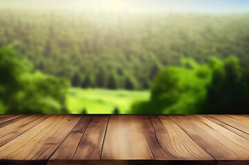 Wall Mural - Wooden Plank Green Forest Background And Copyspace Generative AI