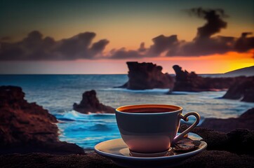 Wall Mural - Coffee Cup Beautiful Resort Beach Sunrise And Copyspace Generative AI