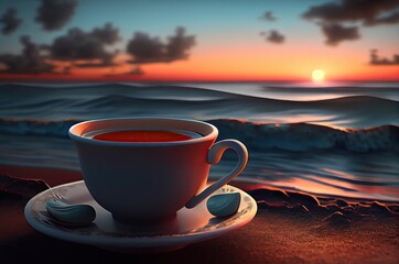 Wall Mural - Coffee Cup Holiday Vacation Destination Beach Dawn And Copy Space Generative AI