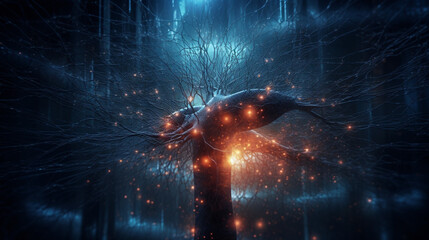 Aufkleber - Visualization of artificial intelligence with neural connections, science background. Generative AI