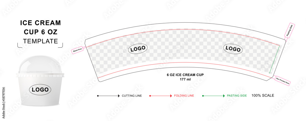Ice cream cup die cut template for 6 ounce . Blank paper cup wrapper ...
