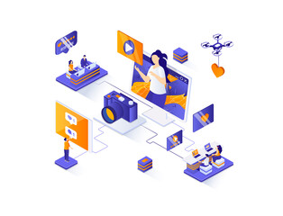 Leinwandbilder - Bloggers isometric web banner. Content production for social media isometry concept. Online video streaming 3d scene, podcast broadcasting flat design. Illustration with people characters.