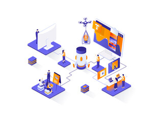 Poster - Creative agency isometric web banner. Creative design workshop isometry concept. Product branding 3d scene, creativity and ideas generation flat design. Illustration with people characters.