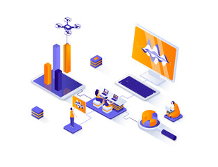 Poster - Data analysis isometric web banner. Financial data analysis isometry concept. Information collect and research 3d scene, data engineering flat design. Illustration with people characters.