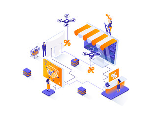 Poster - Discount of goods isometric web banner. Seasonal discounting and online shopping isometry concept. Retail advertising 3d scene, sales proposition design. Illustration with people characters.