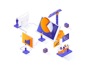 Poster - Financial management isometric web banner. Data analysis and strategy planning isometry concept. Business forecasting 3d scene, risk management flat design. Illustration with people characters.