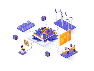 Aufkleber - Green city isometric web banner. Alternative power generation isometry concept. Solar battery and wind turbine 3d scene, green energy technology flat design. Illustration with people characters.