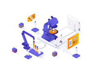 Poster - Medical laboratory isometric web banner. Pharmacy industry reserch and development isometry concept. Patient testing and diagnosis 3d scene, flat design. Illustration with people characters.