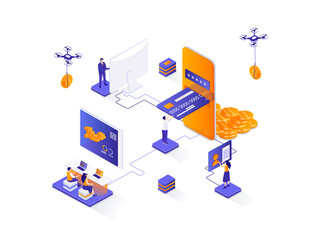 Leinwandbilder - Mobile banking isometric web banner. Digital wallet, fintech mobile application isometry concept. Money transactions and payments 3d scene, smart finance app. Illustration with people characters.