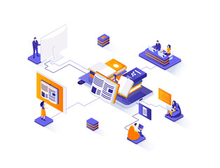 Fototapete - Online library isometric web banner. E-library application isometry concept. Electronic books service 3d scene, distance education and knowledge flat design. Illustration with people characters.