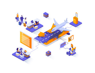 Poster - Travel vacation isometric web banner. Tour agency service isometry concept. Trip organization, online check-in and flight booking solution 3d scene design. Illustration with people characters.