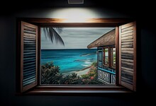 Wall Painting Of The View Of The Sea From The Window Of The Bungalow. Created Using Generative Ae. Generative AI