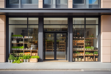 Wall Mural - Modern grocery store exterior featuring a large window display and contemporary interior. Front view. Generative AI.