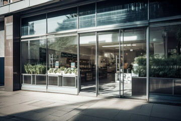 Wall Mural - Contemporary grocery store exterior with a large window display showcasing fresh produce, inviting customers to explore the clean, modern interior. Generative AI