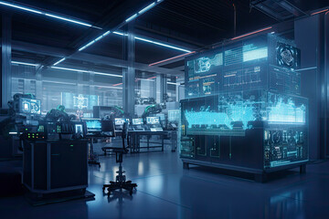Computer aided manufacturing M2M automation technology industry 4.0 engineering, 3D robot teamwork working meeting in factory futuristic metaverse cyber digital world