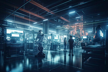 Computer aided manufacturing M2M automation technology industry 4.0 engineering, 3D robot teamwork working meeting in factory futuristic metaverse cyber digital world