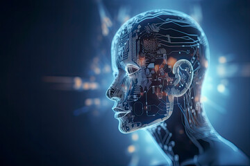 double exposure image of virtual human 3dillustration on blue circuit board background represent artificial intelligence AI technology