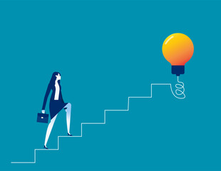 Wall Mural - Positive business person starting walking on stairway to creative light bulb. Business creativity in business vector illustration