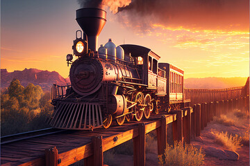 A steam locomotive from the times of the Wild West rides over a wooden bridge. AI generated.