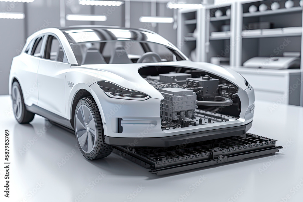 Electric car research and development with 3d rendering ev car with pack of battery cells module on platform