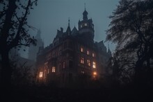 Spooky Old Gothic Castle, Foggy Night, Haunted Mansion