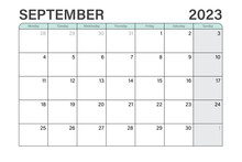 2023 September Illustration Vector Desk Calendar Or Planner Weeks Start On Monday In Light Green And Gray Theme
