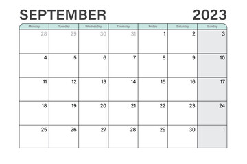 2023 september illustration vector desk calendar or planner weeks start on monday in light green and