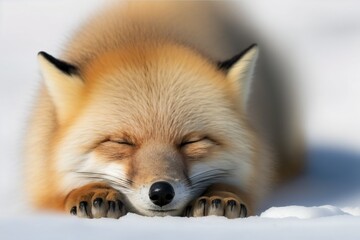 Wall Mural - red fox in the snow, closeup of red fox lying in the snow