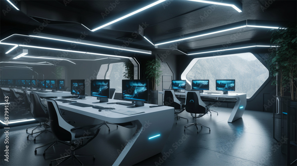 Futuristic office / workspace of a technology business in minimalistic  modern style -Generative art Stock Illustration | Adobe Stock
