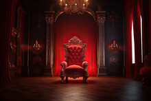 The Throne Room With Golden Royal Chair On A Background Of Red Curtains. A Realistic Fantasy Interior Of The Palace. Place For The King, Generative AI