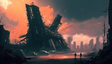Disaster City, Apocalyptic Scenery, Illustration Painting, Generative AI
